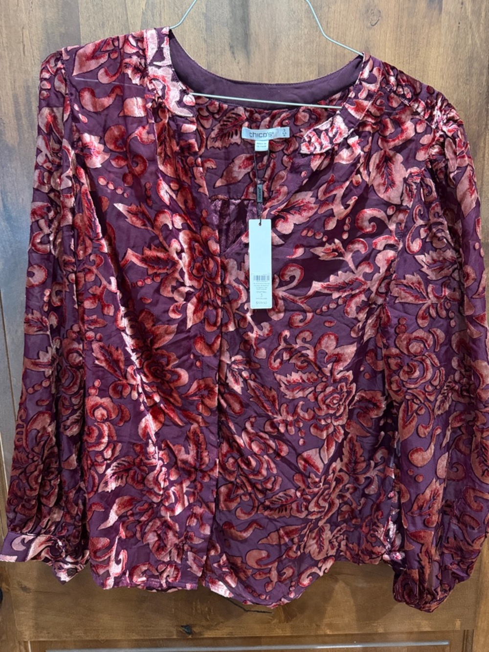 Chico's Maroon and Rose Velvet Burnout Floral Top